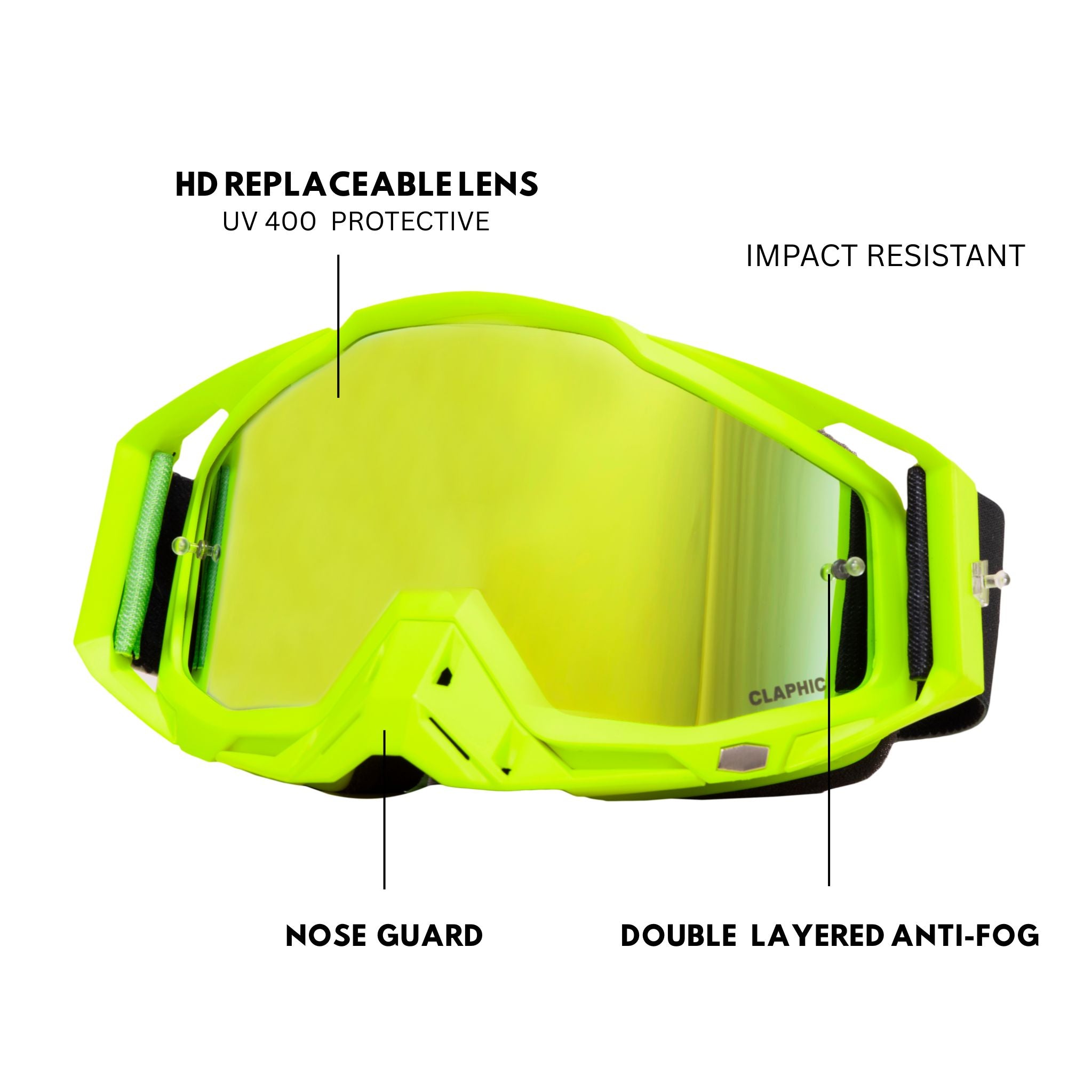 CLAPHIC Neon Fang Motocross Goggle – Gold Green Mirror Lens | UV400, Anti-Fog & OTG Fit